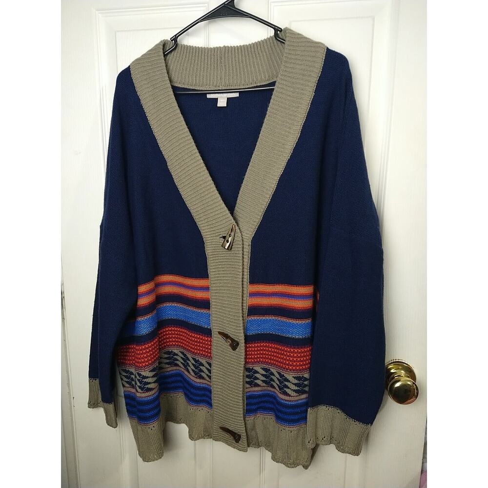 woman within L 18/20 Sweater Cardigan Aztec Western Toggle Close Casual